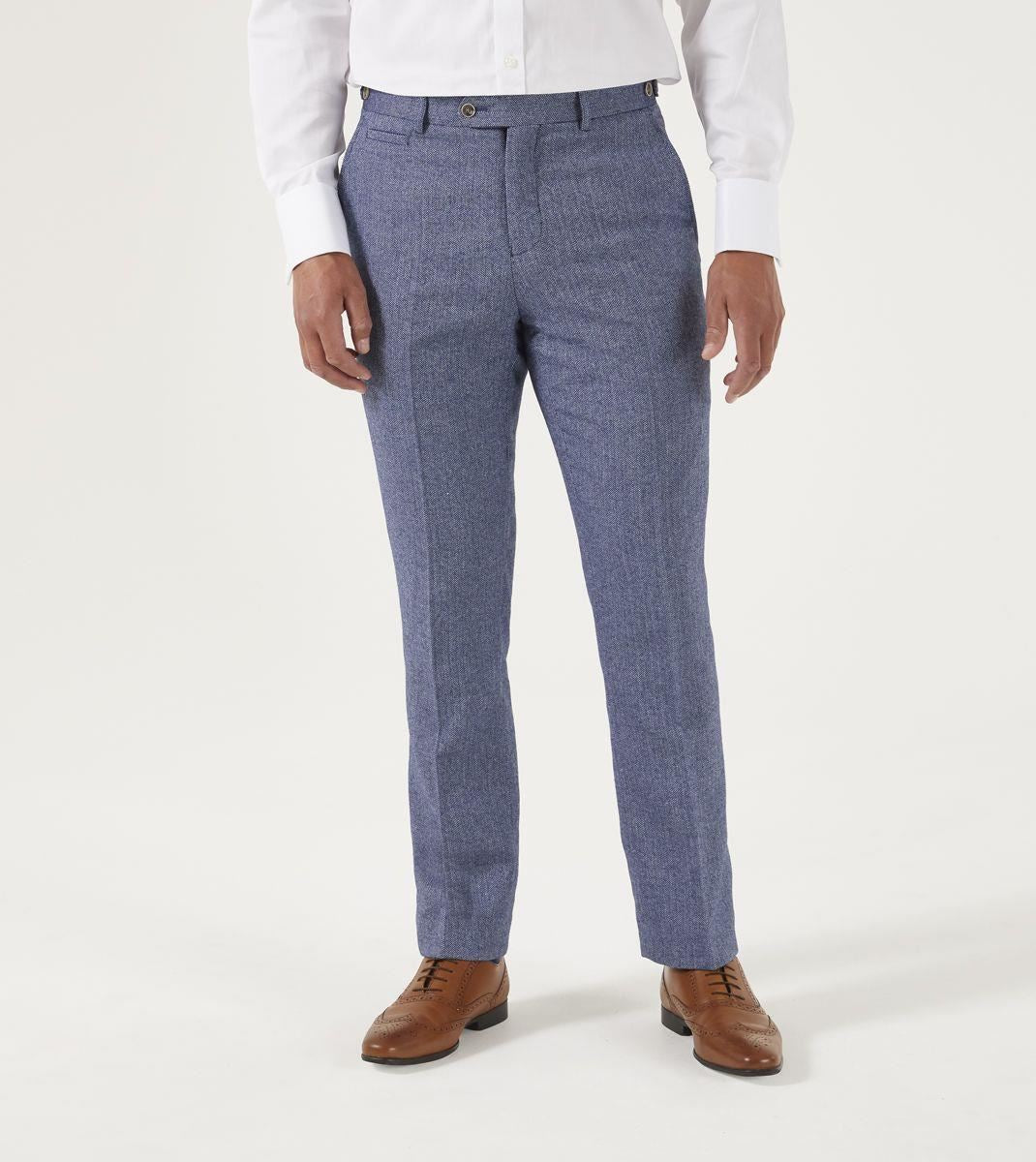 Skopes Men's Tailored Fit Suit Trouser Jude Herringbone in Blue Waist 32 to 56