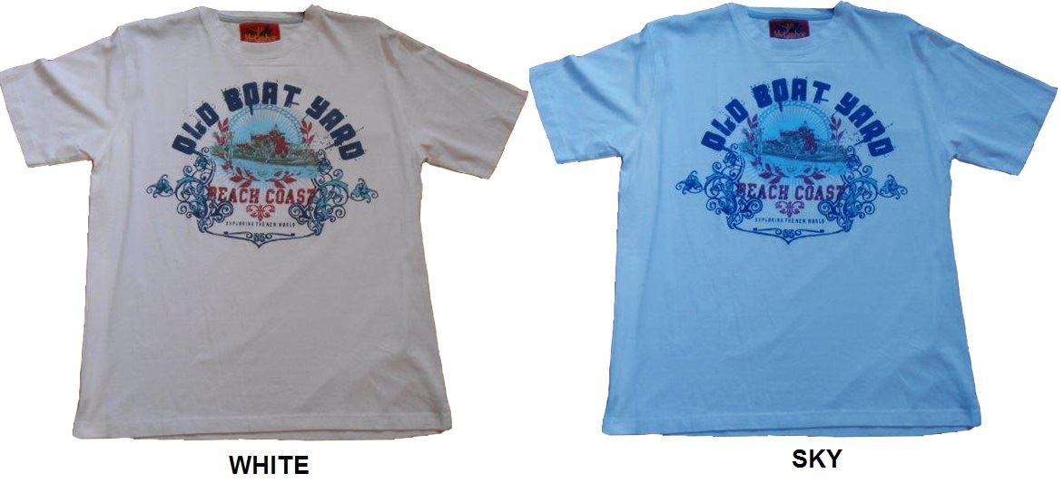 METAPHOR PURE COTTON PRINTED T SHIRT "OLD BOAT YARD" IN SIZE 2XL TO 8XL, WHITE & SKY BLUE
