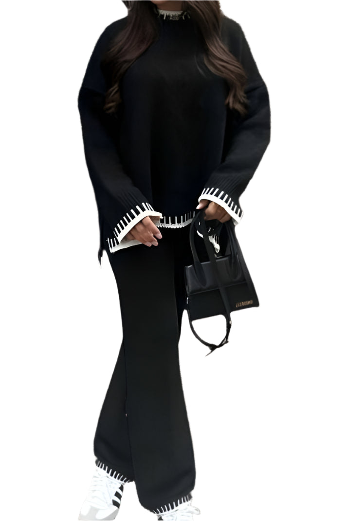 Women's 2-Piece Knitted Co-Ord Lounge Set – Stitched Detail Sweater & Pants Outfit