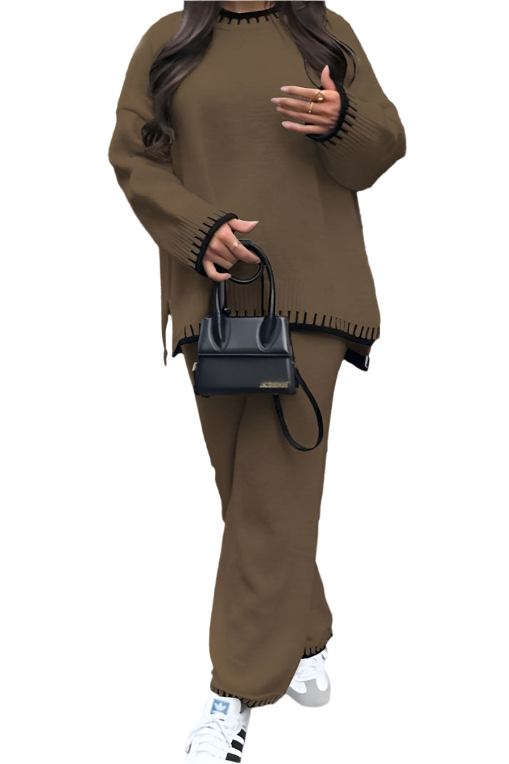 Women's 2-Piece Knitted Co-Ord Lounge Set – Stitched Detail Sweater & Pants Outfit