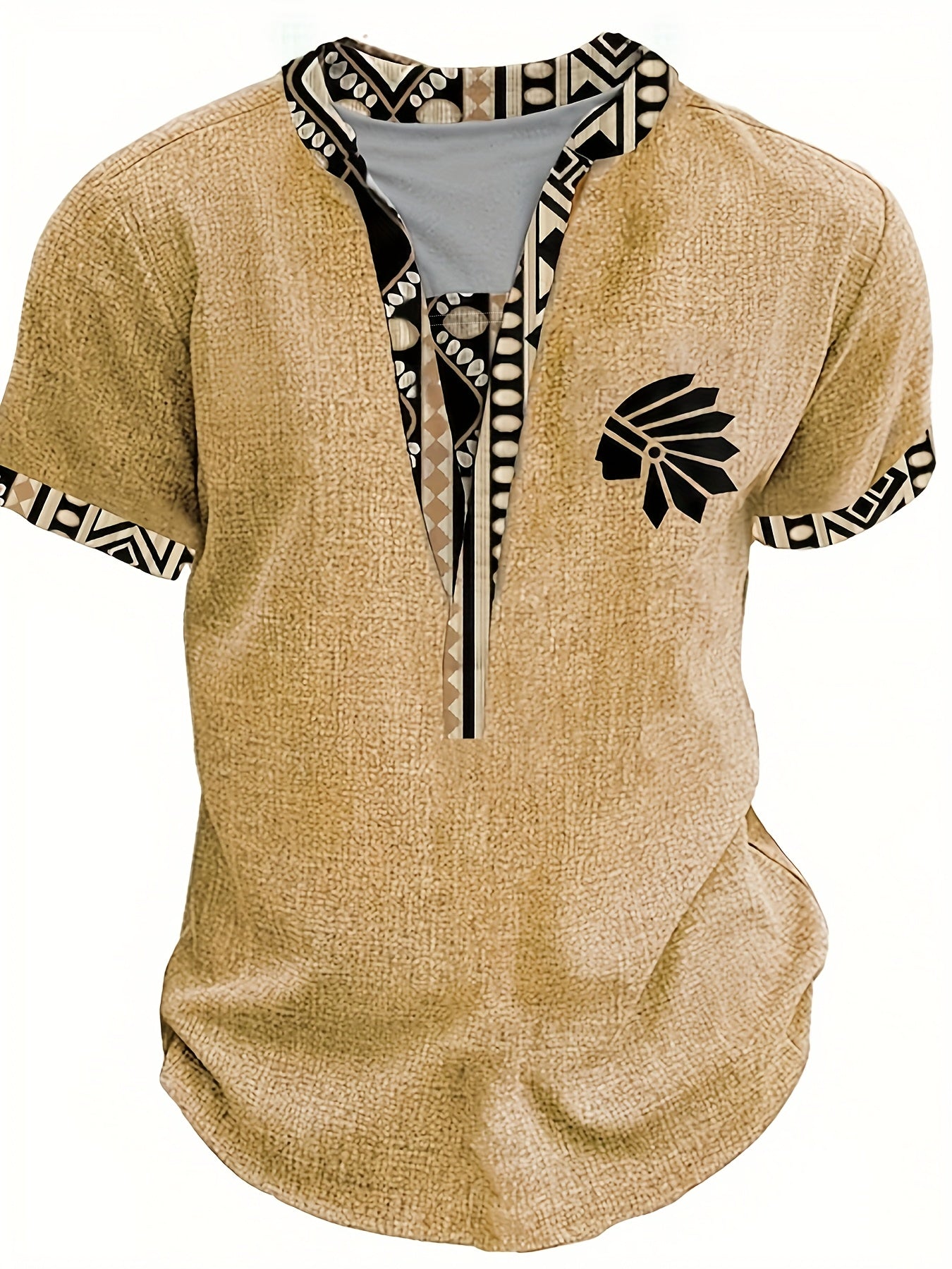 Men's Tribal Leaf V-Neck Henley Shirt - Short Sleeve Casual Summer Top