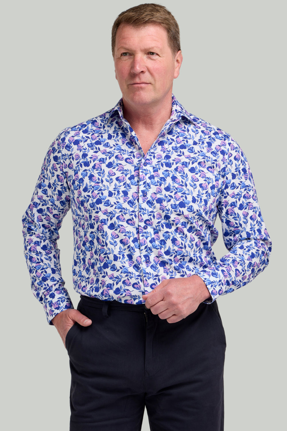 Double TWO Floral Print Long Sleeve Shirt For Men in Blue Floral, M-5XL