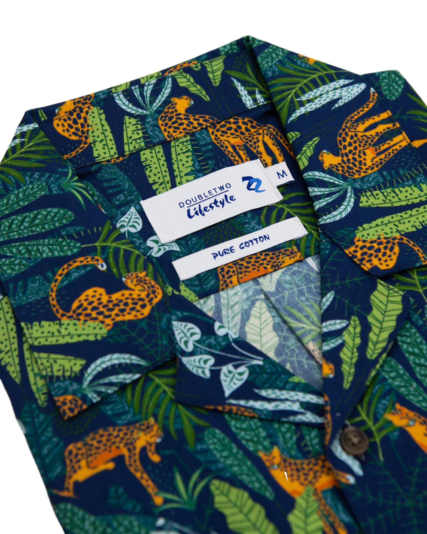 Double Two Open Neck Collar Jungle Print Casual Shirt for Men's (DTLS1212) Navy, M to 5XL