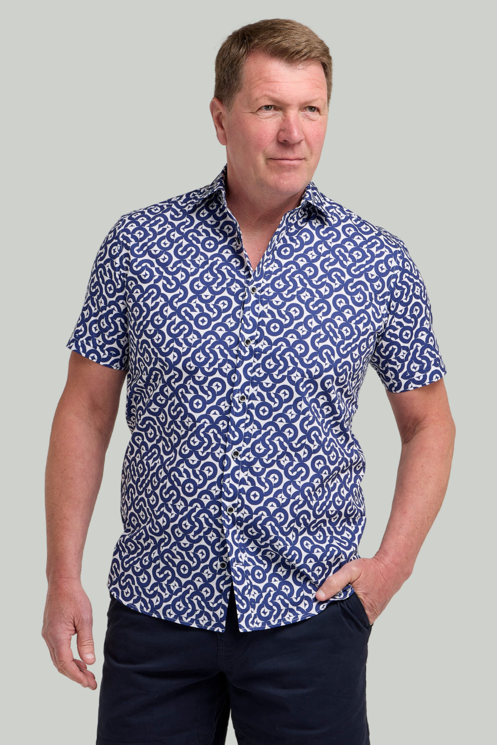 Double TWO Geometric Print Short Sleeve Shirt For Men in Navy, M-5XL