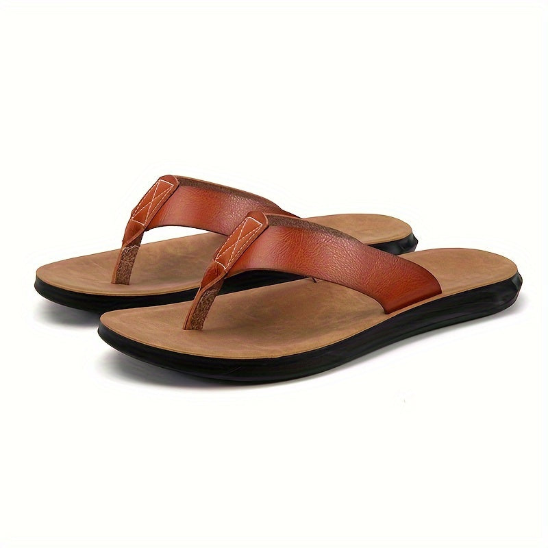 Men's Solid Thong Sandals With Microfiber Leather Uppers, Casual Non Slip Flip-flops Sandal