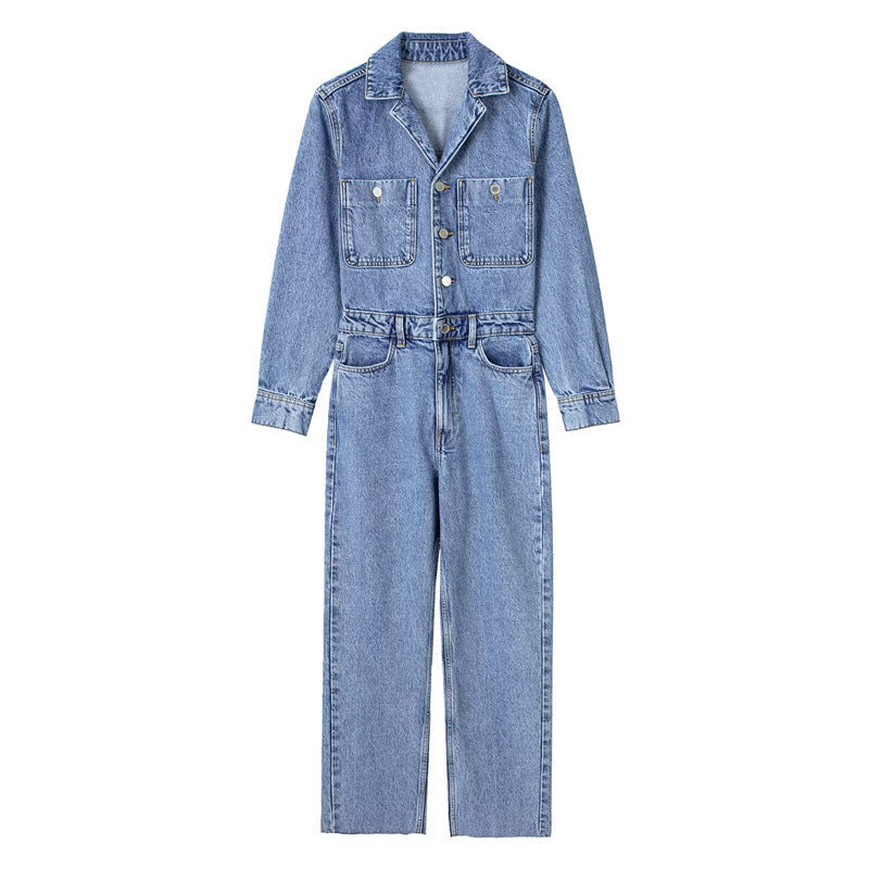 Girls’ Waist-tight Straight-leg Denim Jumpsuit