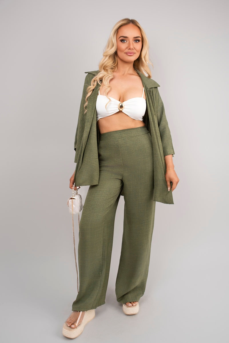Button Down Long Sleeve Shirt and Wide Leg Trousers Co-ord Set