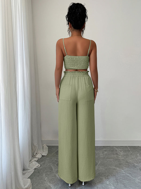 Green Suspender Vest Wide Leg Pants Two-Piece Set