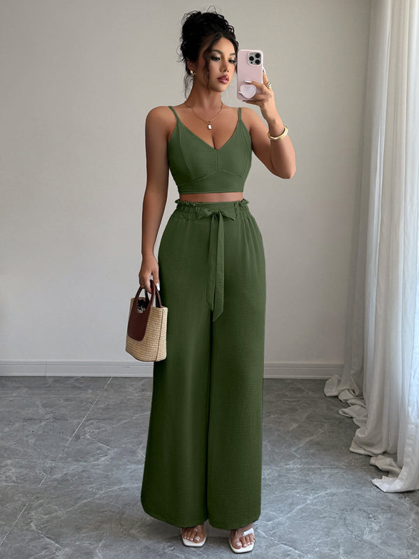 Army Green Suspender Vest Wide Leg Pants Two-Piece Set