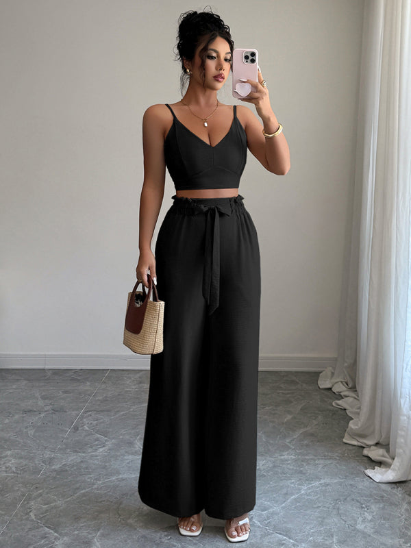 Black suspender vest wide-leg pants two-piece set
