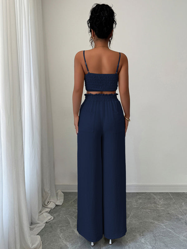 Navy Blue Suspender Vest Wide Leg Pants Two-Piece Set
