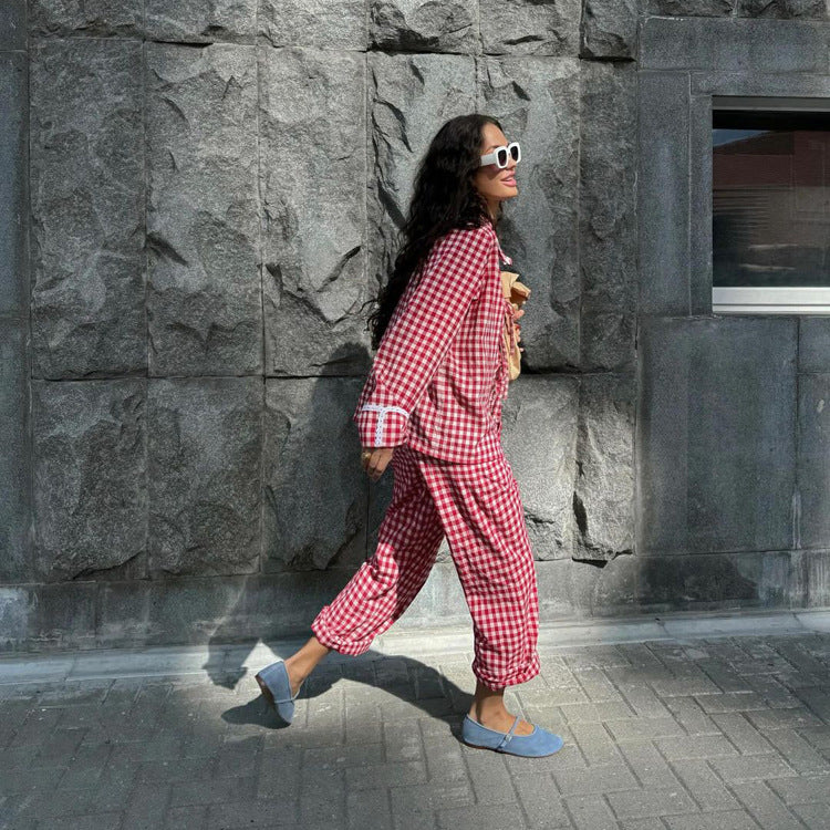 Ladies' Two-Pieces Set-Plaid Shirt with Wide Leg Pants