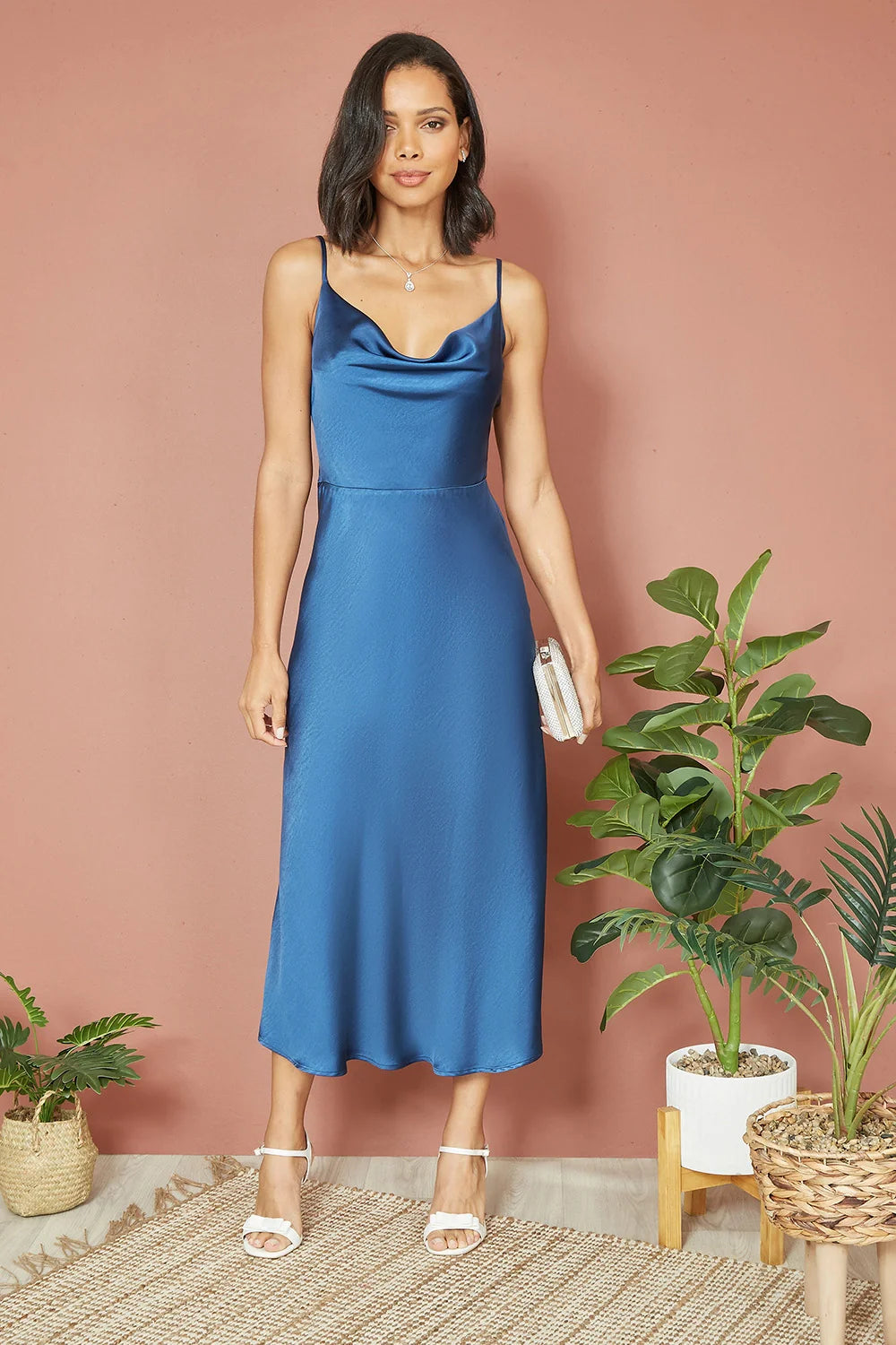 Yumi Navy Satin Cowl Neck Midi Slip Dress – QHA UK