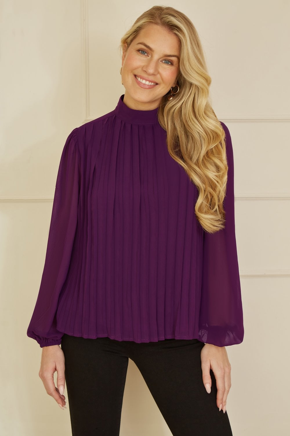 Mela Plum Pleated Long Sleeve Top With High Neck