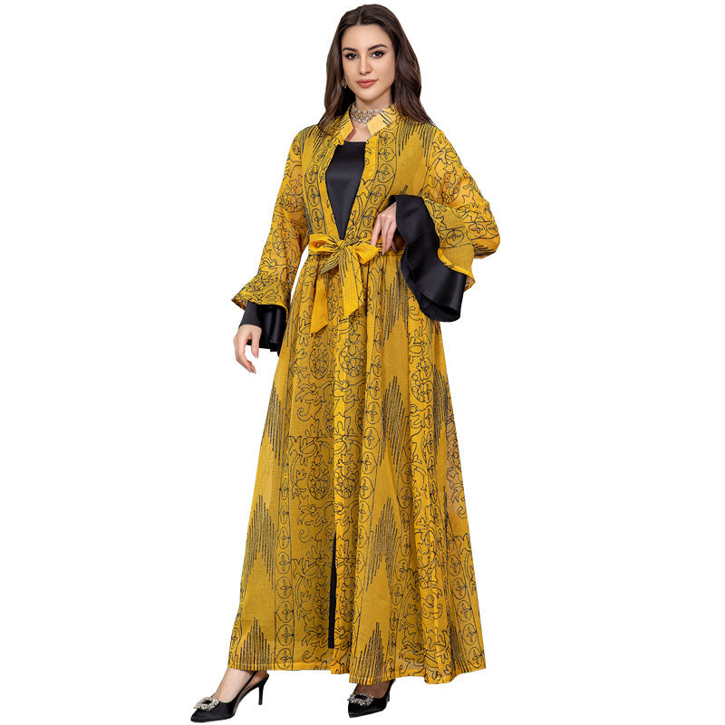 Middle Eastern Muslim Women's Evening Cape, Ruffle Sleeve Two-pieces Suit Dress