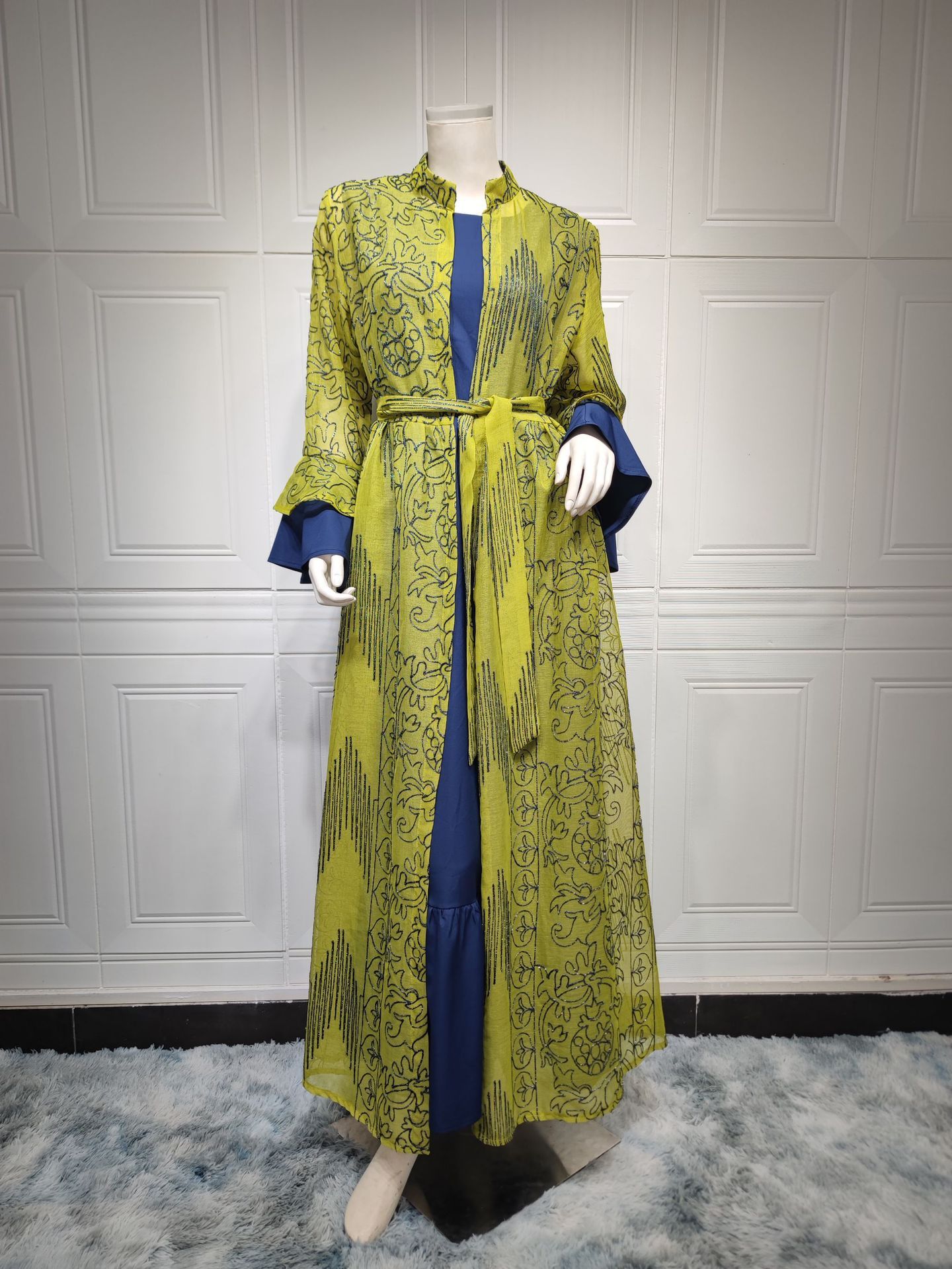 Middle Eastern Muslim Women's Evening Cape, Ruffle Sleeve Two-pieces Suit Dress