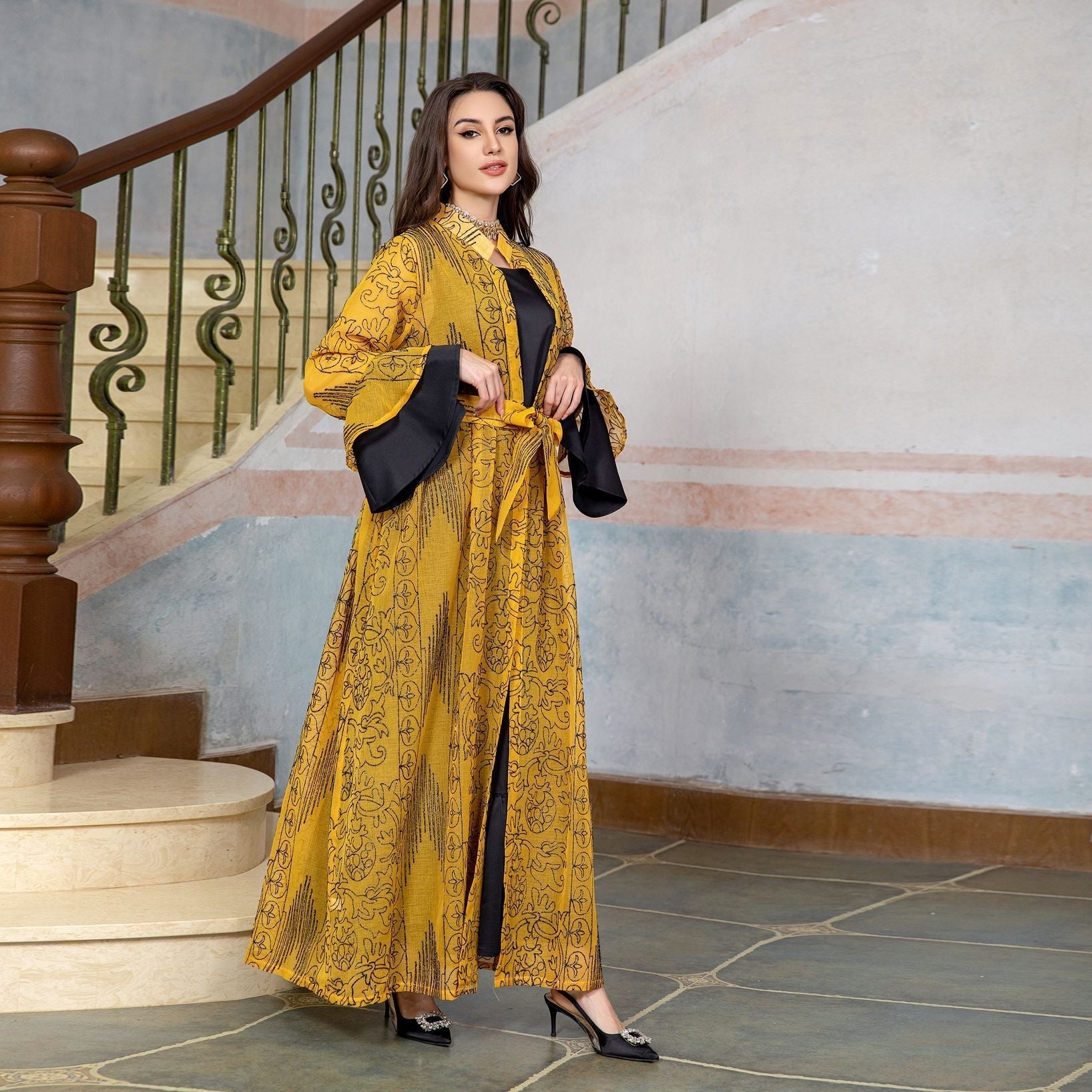 Middle Eastern Muslim Women's Evening Cape, Ruffle Sleeve Two-pieces Suit Dress