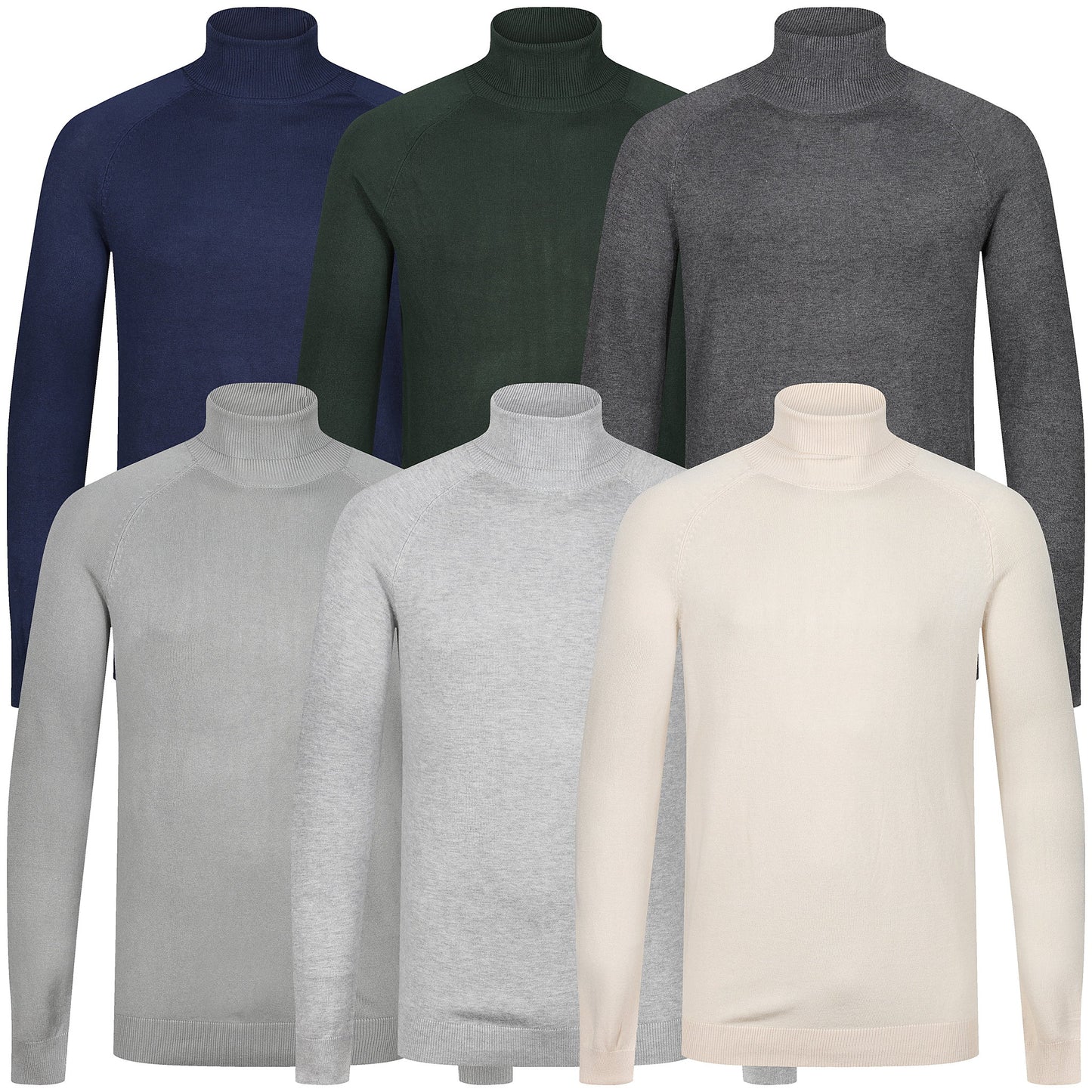 Set of six turtleneck sweaters in different colors on a white background