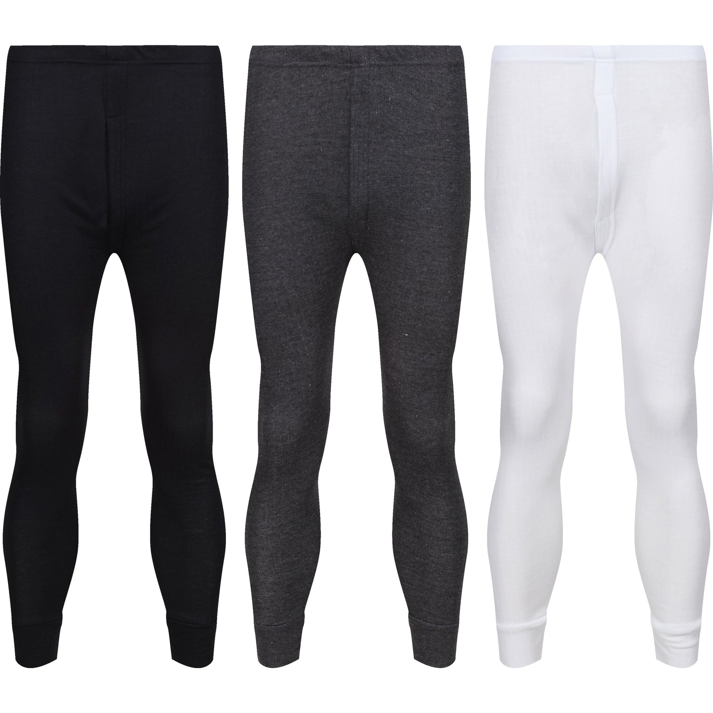 Three pairs of thermal leggings in black, gray, and white on a white background