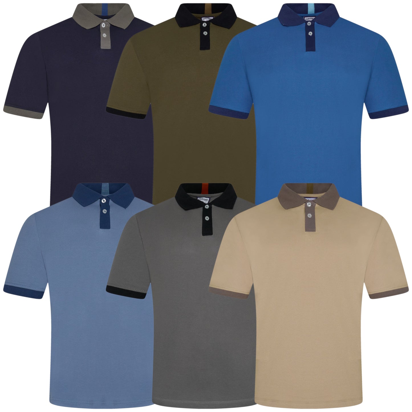 Set of six polo shirts in different colors on a white background