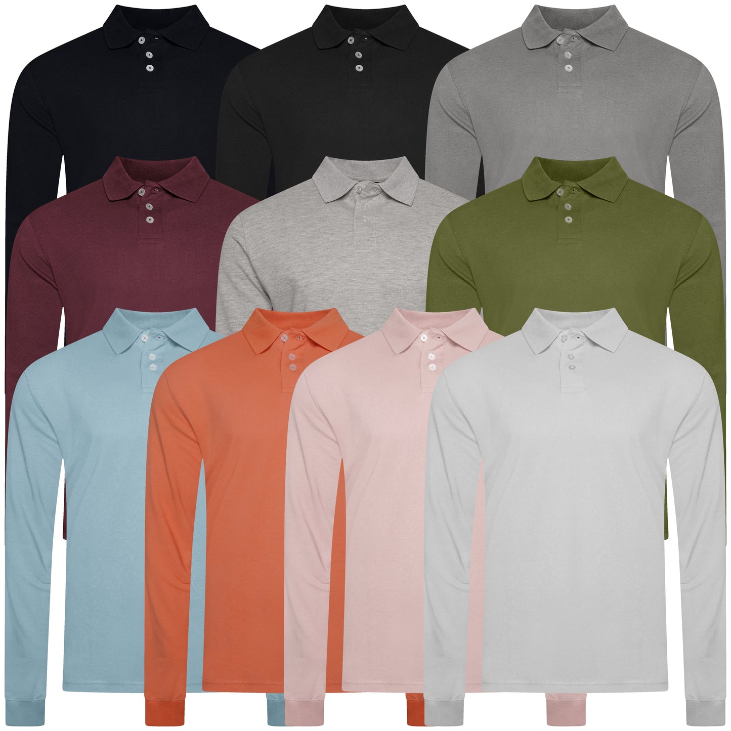 Evryone Mens Long Sleeve Pique Polo Shirt Cotton Regular Fit Casual Work Top - QHA UK