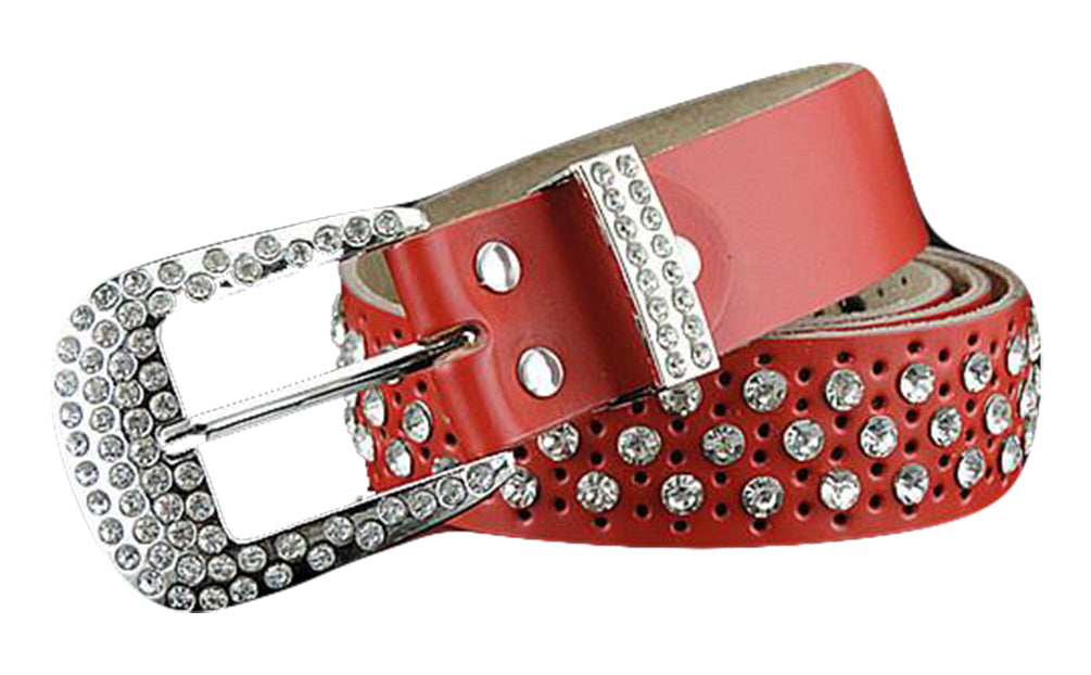 Womens Real Leather Belt, Rhinestone Crystal Studded Western Bling 35mm Q94