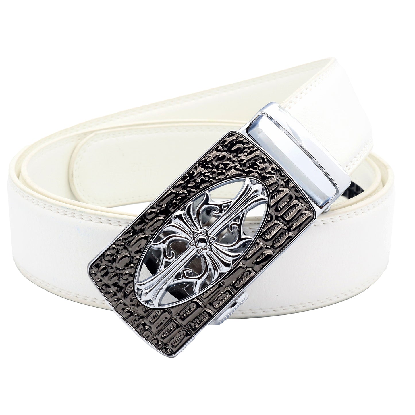 QHA Mens 35mm Leather Ratchet Belt, Gothic Cross Automatic Buckle Q21