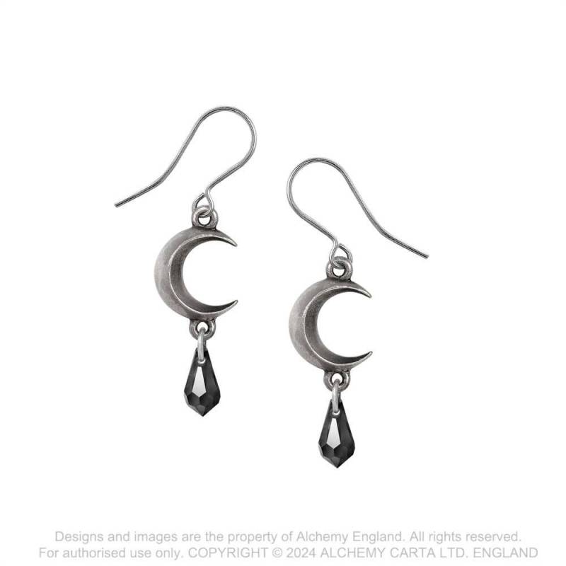 Alchemy Gothic Earrings Tears of the Moon with Black Crystal - QHA UK