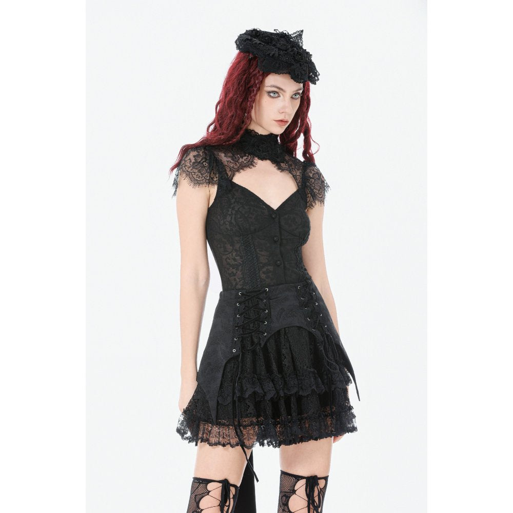Women's Gothic Corset Top Black Floral Lace High-Neck Shoulder-Mantle - Collar Detail - QHA UK