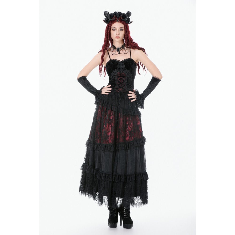 Dark in Love Women's Gothic Corset Black and Red Velvet Lace UK 8-18 - QHA UK