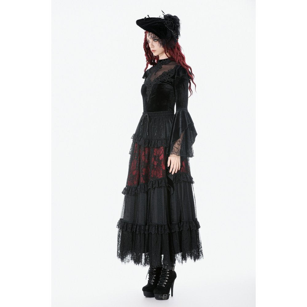 Dark in Love Women's Gothic Blouse Velvet Lace High-Neck Top UK 8-18 - Collar Detail - QHA UK