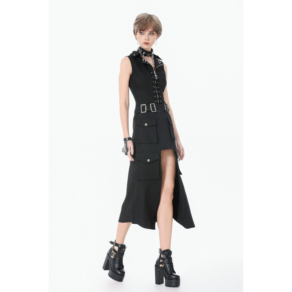 Dark in Love Punk Skirt Layered Pocket Cutout Belted Long UK 8-18 - Pocket Detail - QHA UK