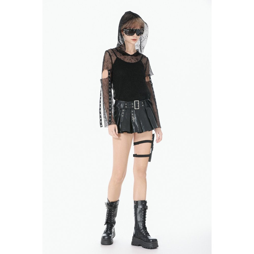 Dark in Love Women's Punk T-Shirt Mesh Hollow-Out Hooded Mesh Top - QHA UK