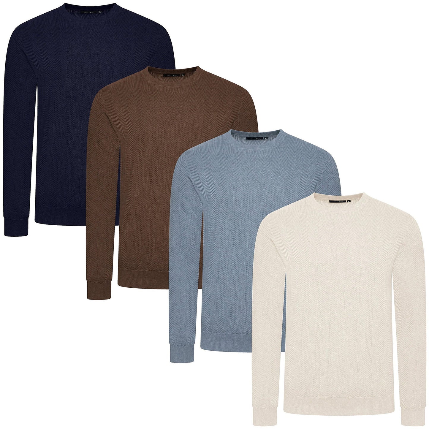 Mens Crew Neck Jumper Chevron Knit Cotton Blend Casual Sweater - Sleeve Detail - QHA UK