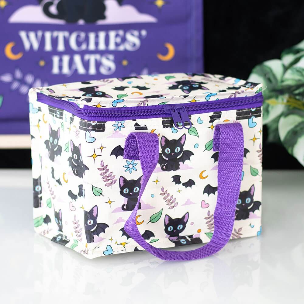 Gothic Gifts Lunch Bag Cute and Creepy Cat Print - Pattern Detail - QHA UK