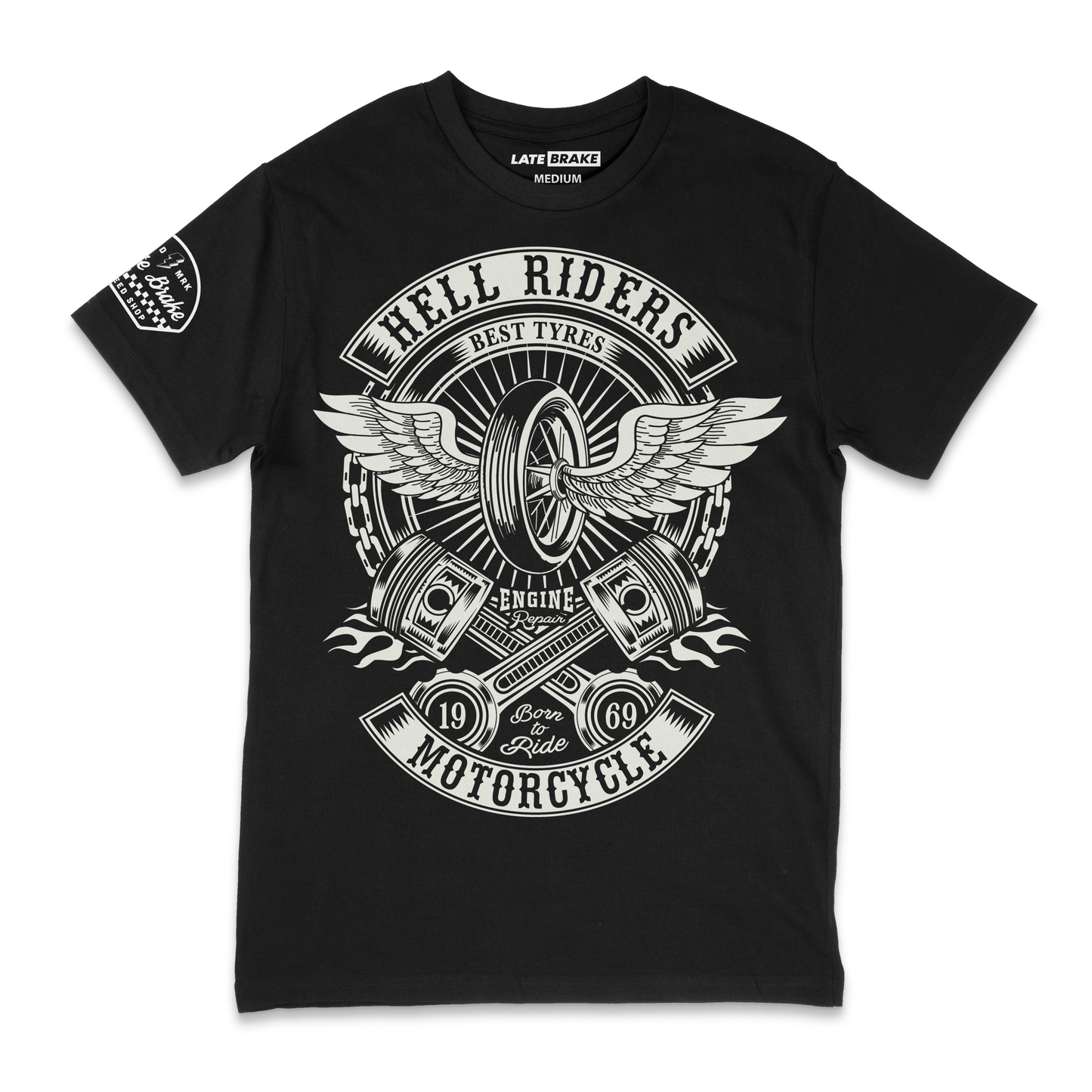 Late Brake Hell Riders Winged T-Shirt Cotton Car Enthusiast Tee - QHA UK