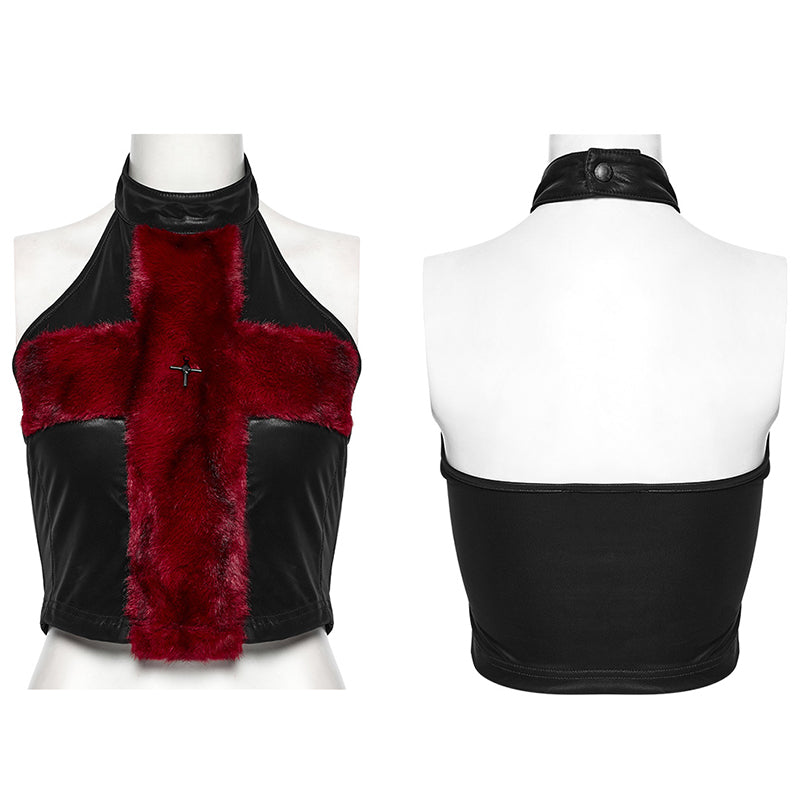Punk Rave Women's Vest Top Valora Cross Fur Halter in Crimson UK 8-16 - QHA UK