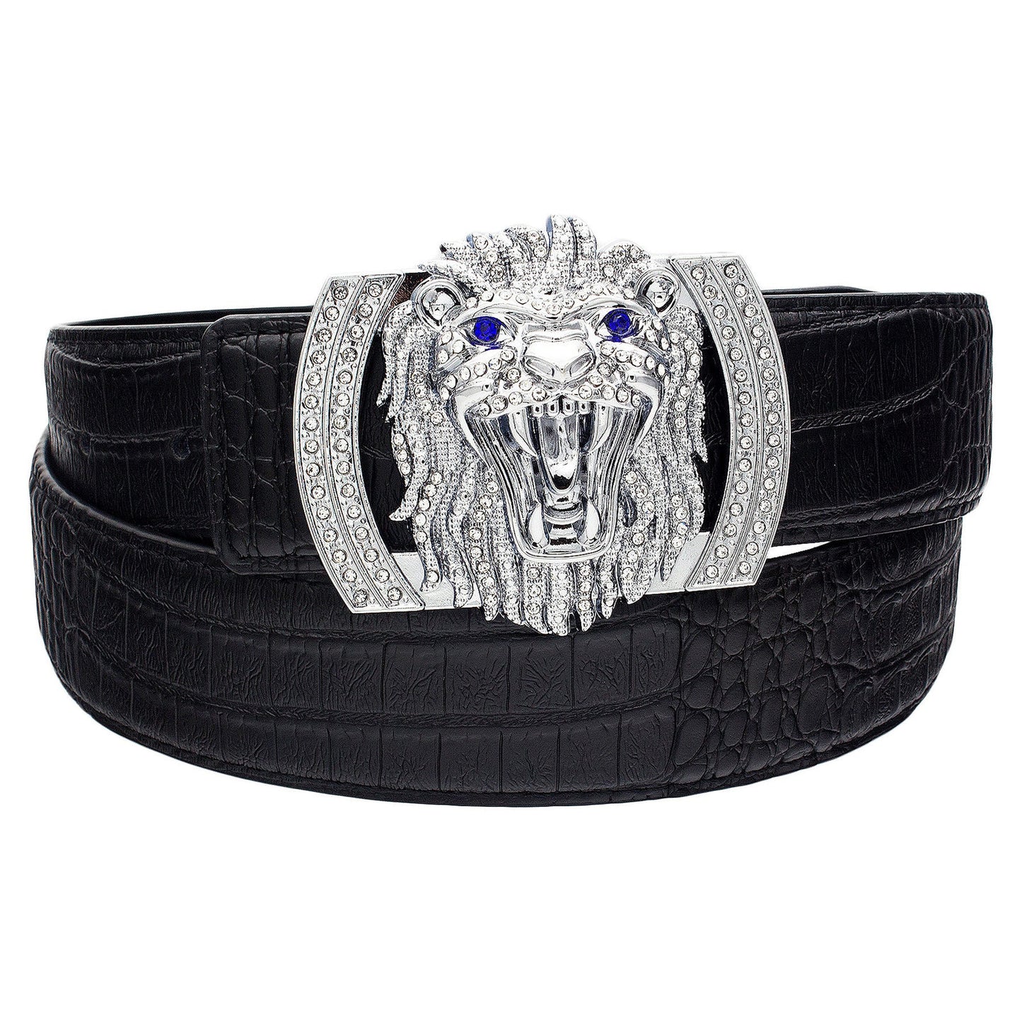 QHA Mens Designer Leather Belt Lion Diamond Buckle 38mm Wide - QHA UK