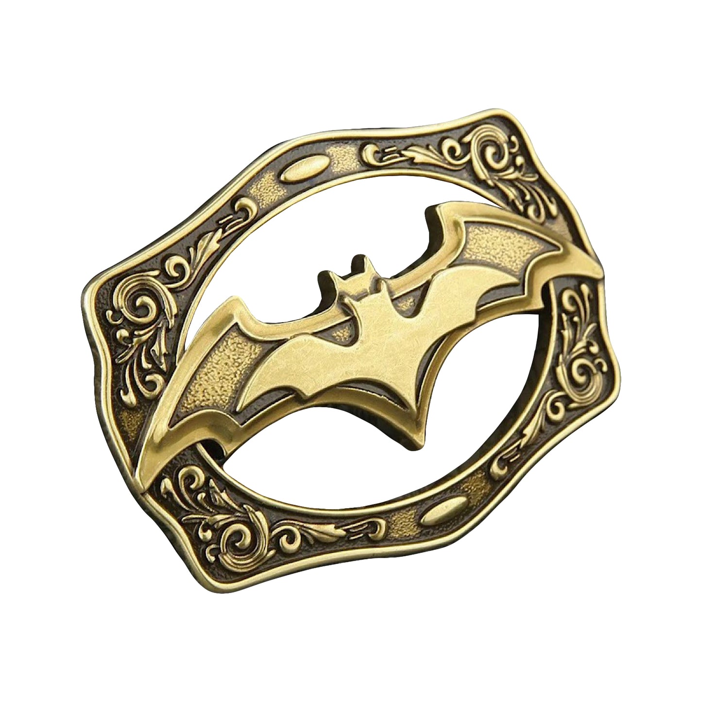 QHA Antique Brass Bat Symbol Belt Buckle with Ornate Scroll Frame - QHA UK
