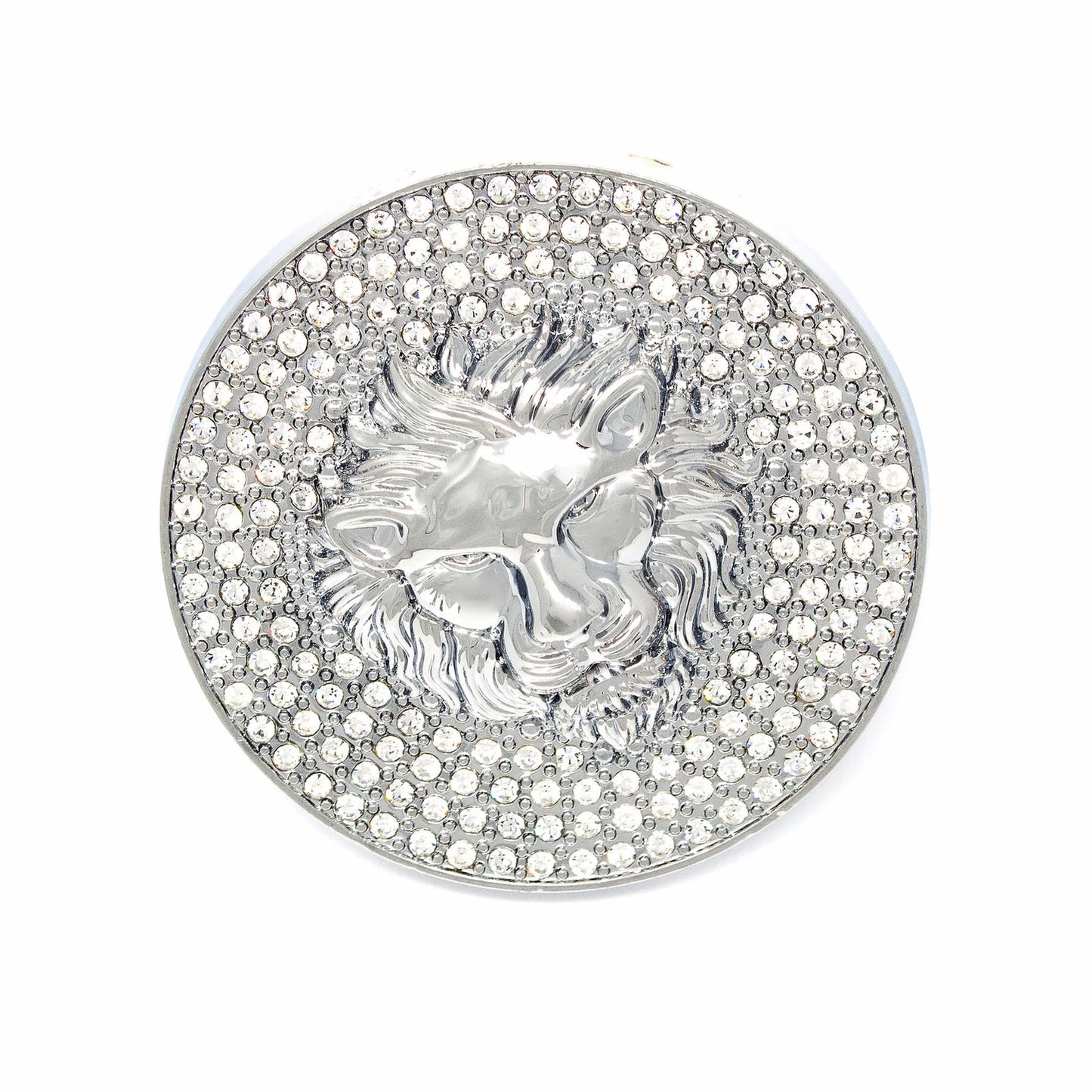 QHA Silver Lion Head Round Belt Buckle, Full Crystal Background - Buckle Detail - QHA UK