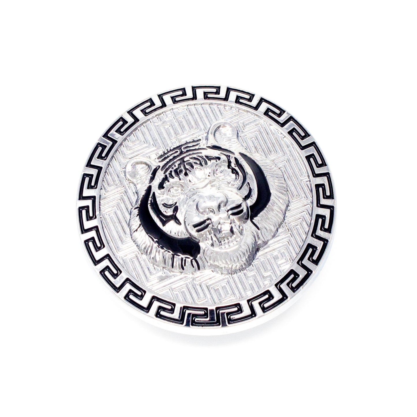 QHA Silver Tiger Head Round Belt Buckle, Black Greek Key Border - Buckle Detail - QHA UK