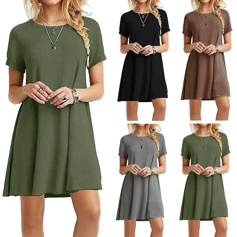 Womens Casual Loose T-Shirt Dress Vintage Print O-Neck Mini Sundress | - Model Wearing Product - QHA UK