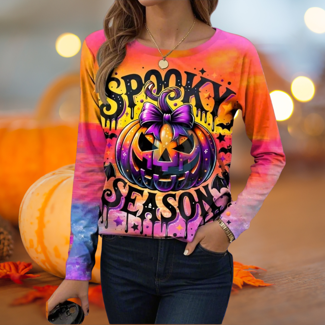 Women's Halloween Sweatshirts – Witch, Pumpkin & Cat Print Long Sleeve Crew Neck Sweater | Casual Autumn/Winter Top with Slight Stretch