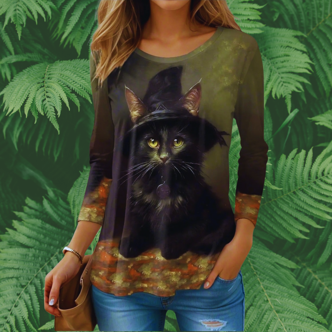 Women's Halloween Sweatshirts – Witch, Pumpkin & Cat Print Long Sleeve Crew Neck Sweater | Casual Autumn/Winter Top with Slight Stretch
