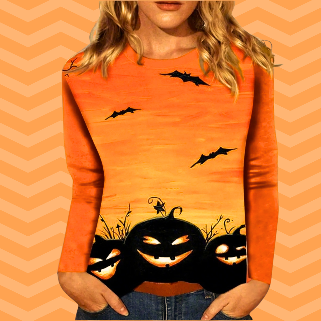 Women's Halloween Sweatshirts – Witch, Pumpkin & Cat Print Long Sleeve Crew Neck Sweater | Casual Autumn/Winter Top with Slight Stretch