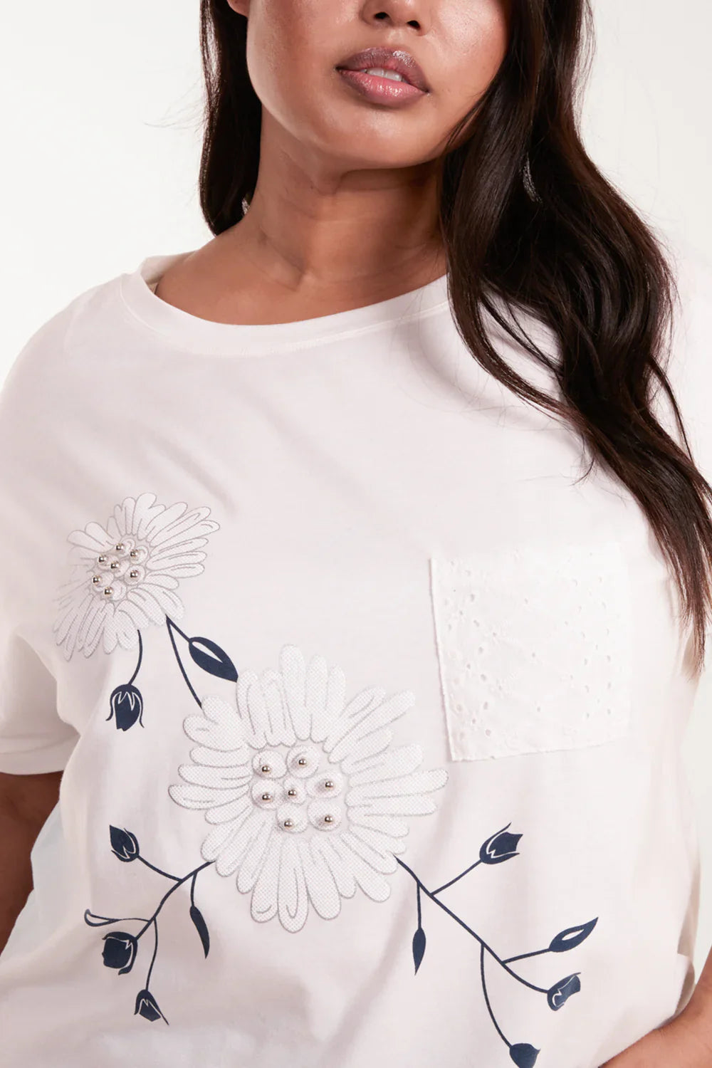 White and Blue Floral Embroidered Top | Size 18/20
