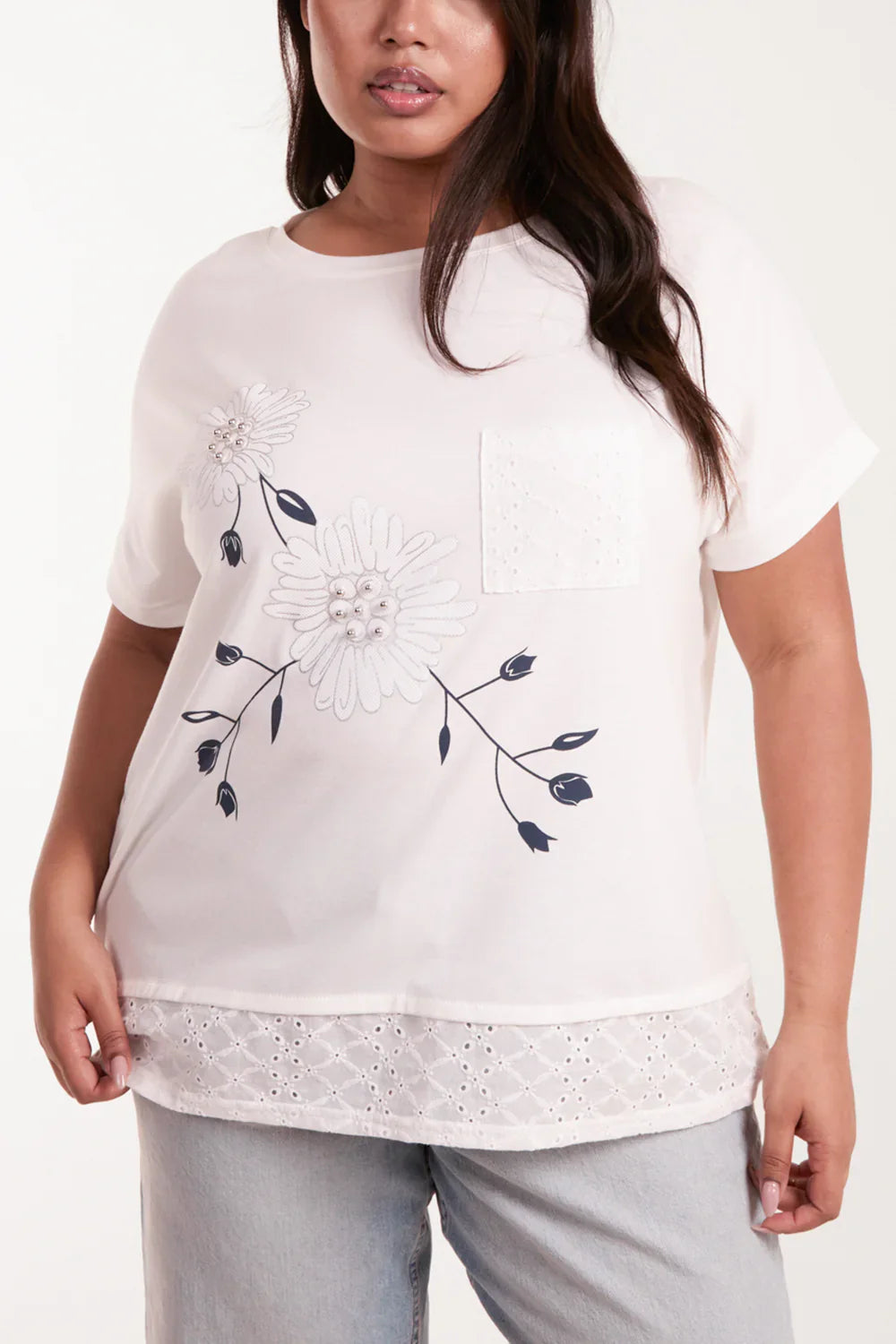 White and Blue Floral Embroidered Top | Size 18/20