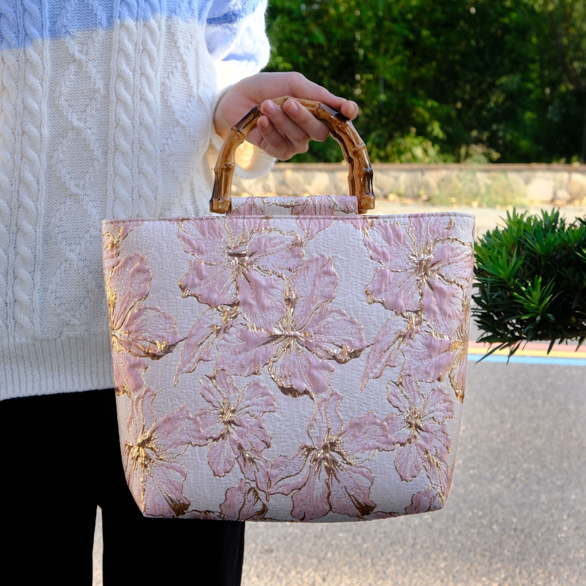 Women's Light Blue Bronzing Flower Canvas Bag