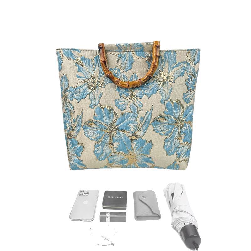Women's Light Blue Bronzing Flower Canvas Bag