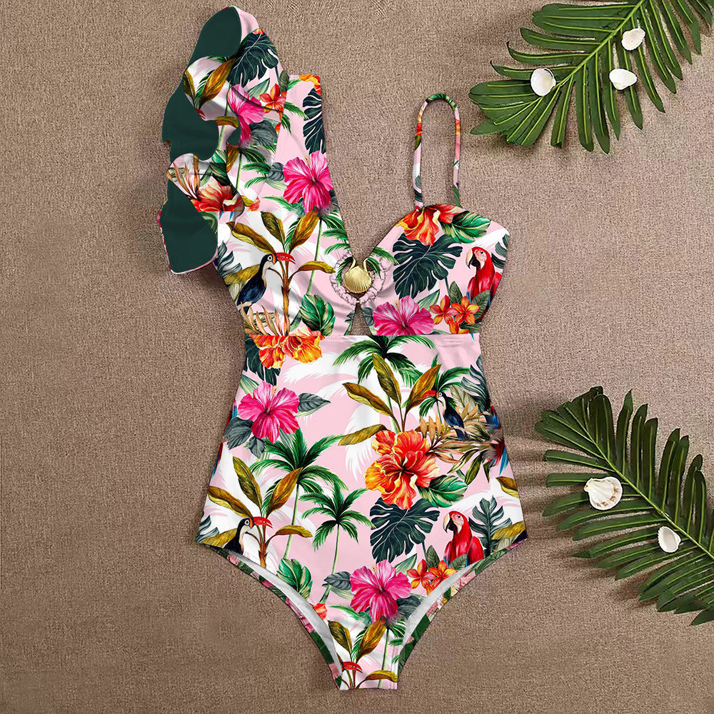 Women's One Shoulder Ruffled Edge Swimsuit